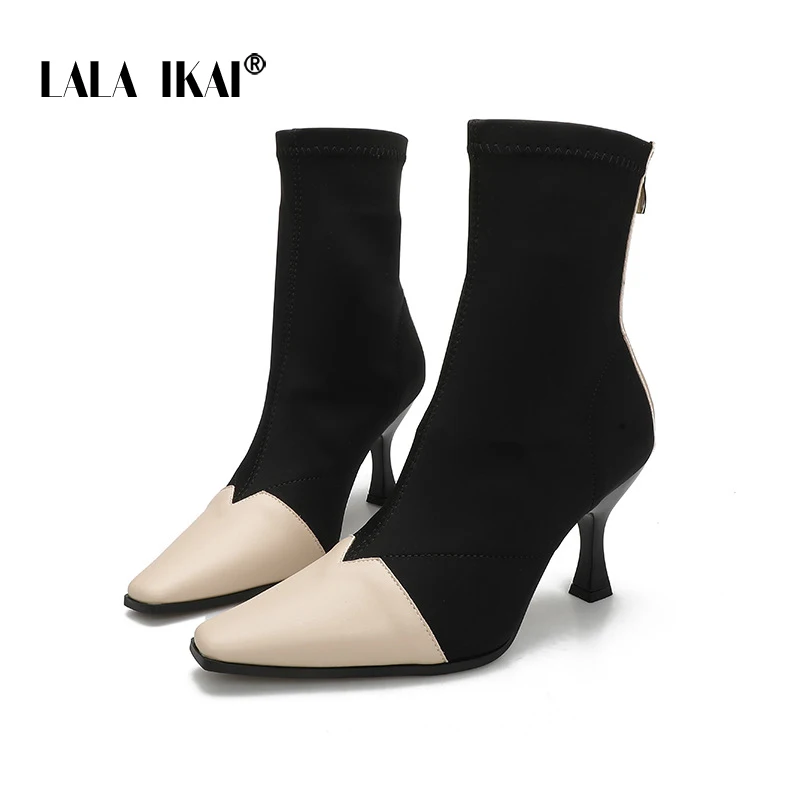 

LALA IKAI-Autumn Winter Elastic Socks Boots Women's High-Heeled Ankle Boots Square Toe Stitching In The Help and Nude Boots
