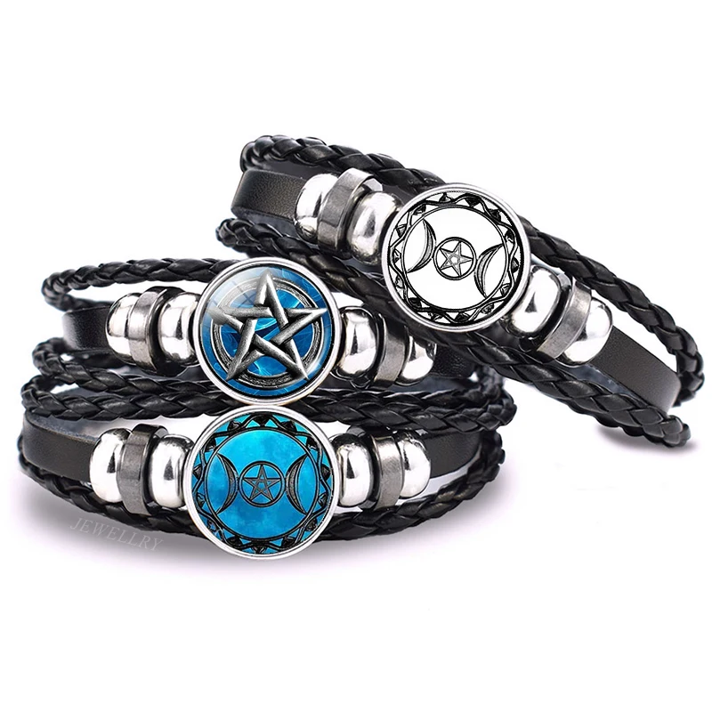 

Handwoven Braided Leather Bracelet Occult Star Pentagram Multilayer Triple Moon Goddess Charm Bracelet Bangle Pentagram Jewelry