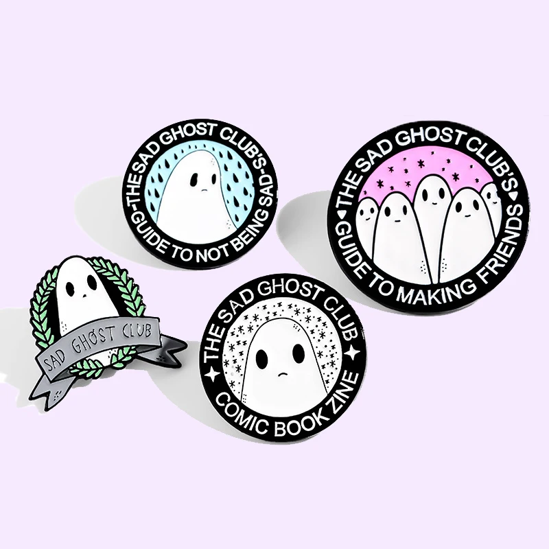 

Sad Ghost Club Enamel Round and Cute badge brooch Lapel pin Denim Jeans shirt bag Cartoon Decoration Gift for boys and girls