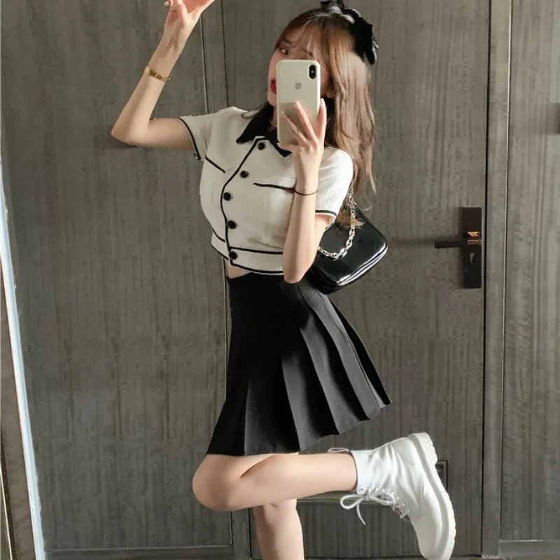 

female summer pleated charge of brief paragraph a word show thin waist skirt temperament cardigan two-piece little man