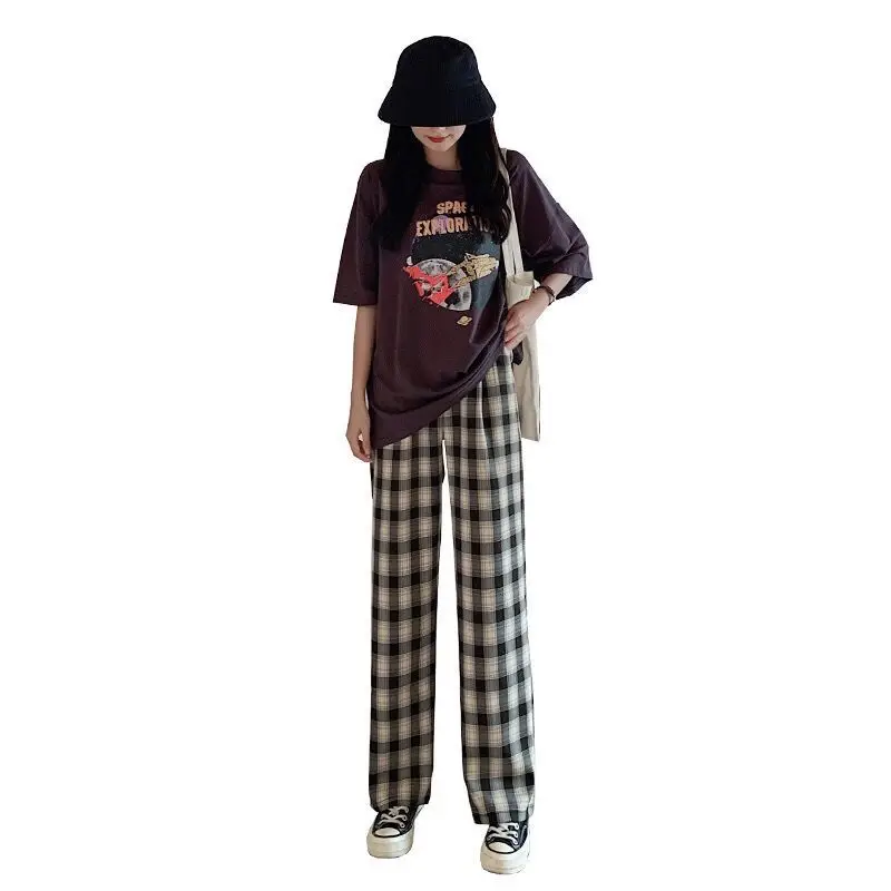 

Plaid pants women's loose straight tube drop feeling high waist show thin versatile new summer casual wide leg pants 2020