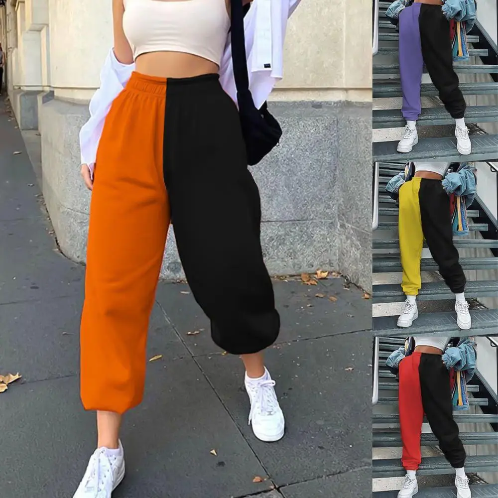 

Harem Pants Color Block High Waist Women Ankle Tied Cargo Trousers for Sports