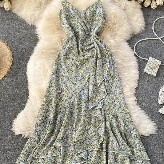 

Women's new floral spaghetti strap Mermaid Dress 2021 summer sexy V-neck irregular ruffles holiday dress Korean fashion