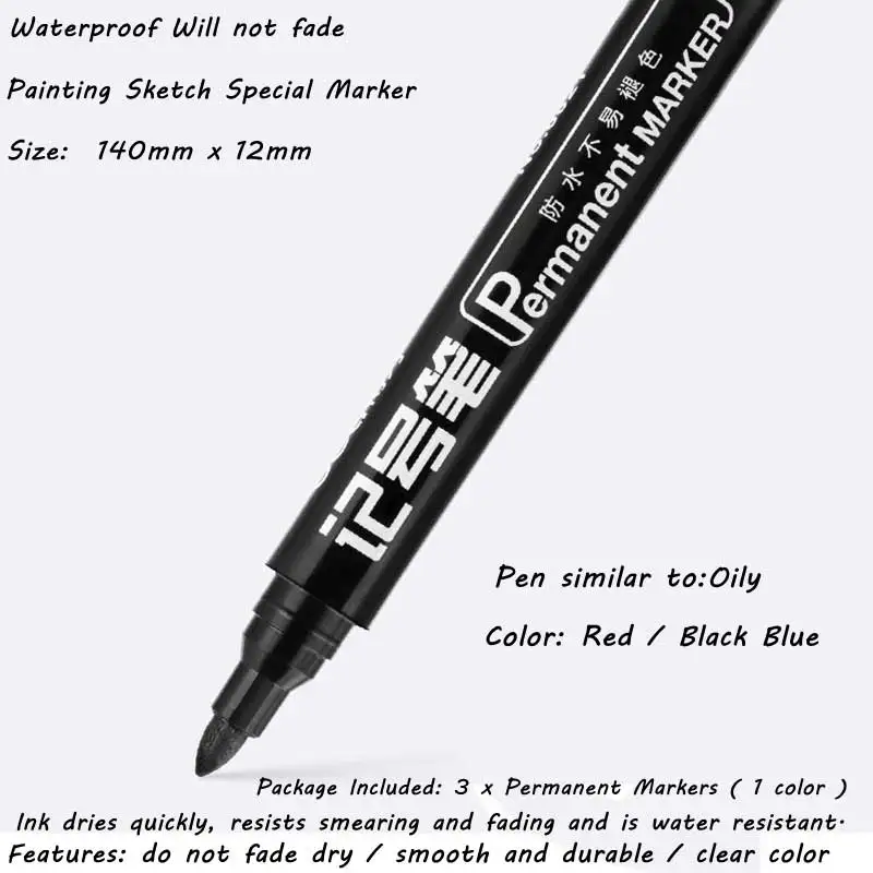 

3pcs/set Dual Tip Permanent Marker Waterproof Marker Pen Fine/Medium Point 0.5mm-1mm Pen Marker Black Blue Red Ink Art Supplies