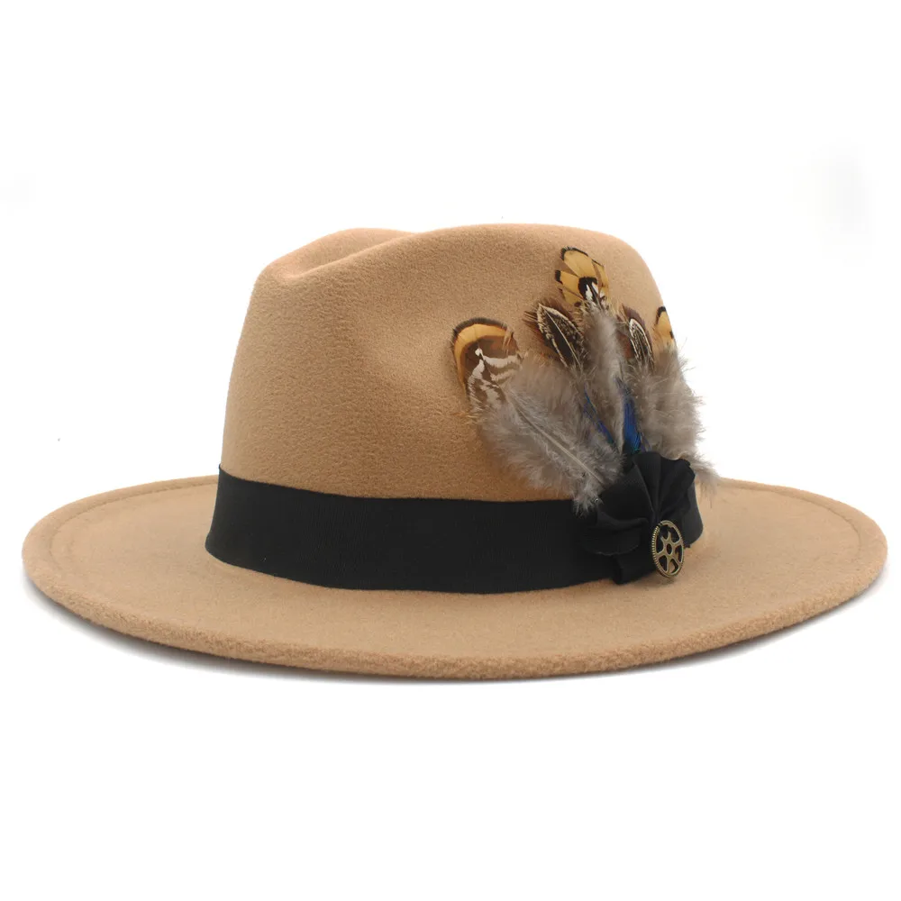 

100% Wool Wide Brim Felt Trilby Fedora Hat For Womem Men Winter Auturmn Cashmere Gangster Church Hat With Feather Band
