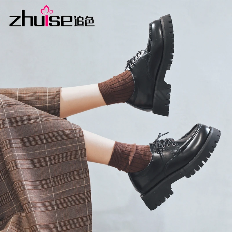 

British Small Leather Shoes Women's Platform Heels Sexy Autumn 2021 New Retro Thick-soled Lace-up Shoes