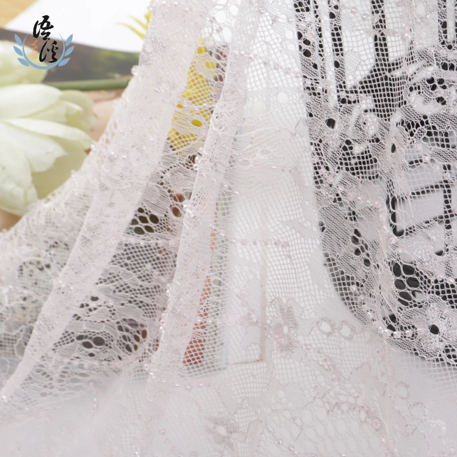 5 ярдов розовое платье Кружева гвоздь бисера бусины в виде риса Вышивка Ткань