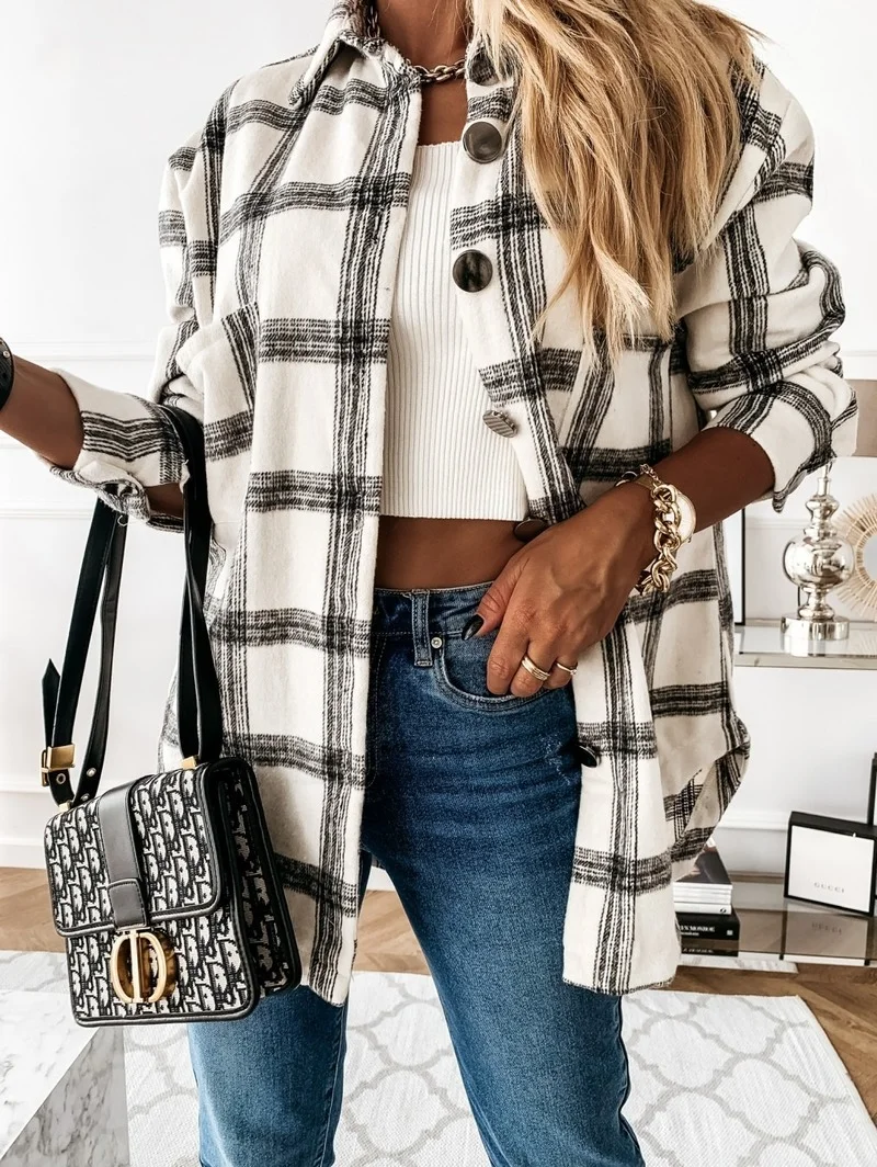

2021 Women Long Sleeve Plaid Shirt Coats Female Spring Tops Ladies Casual Lapel Outerwear Loose Streetwear Cardigan Jackets