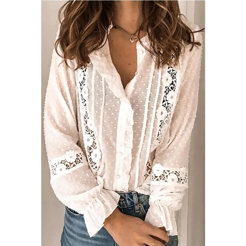 Spring Autumn Women Blouse Fashion Casual Ruffles Shirt V Neck Flare Long Sleeve Hollow Out Tops Office Lady Loose Blouses