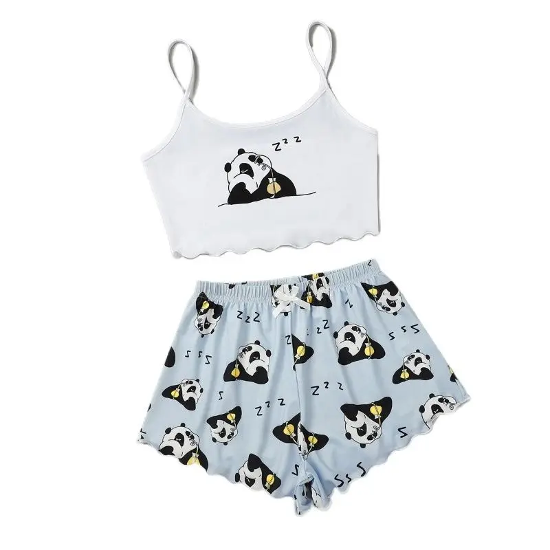

Pijama Curto MulherSleep Top New Creative Panda Suspender Pajamas Prints Homewear Set Spaghetti Strap Sleeveless Cartoon Shorts