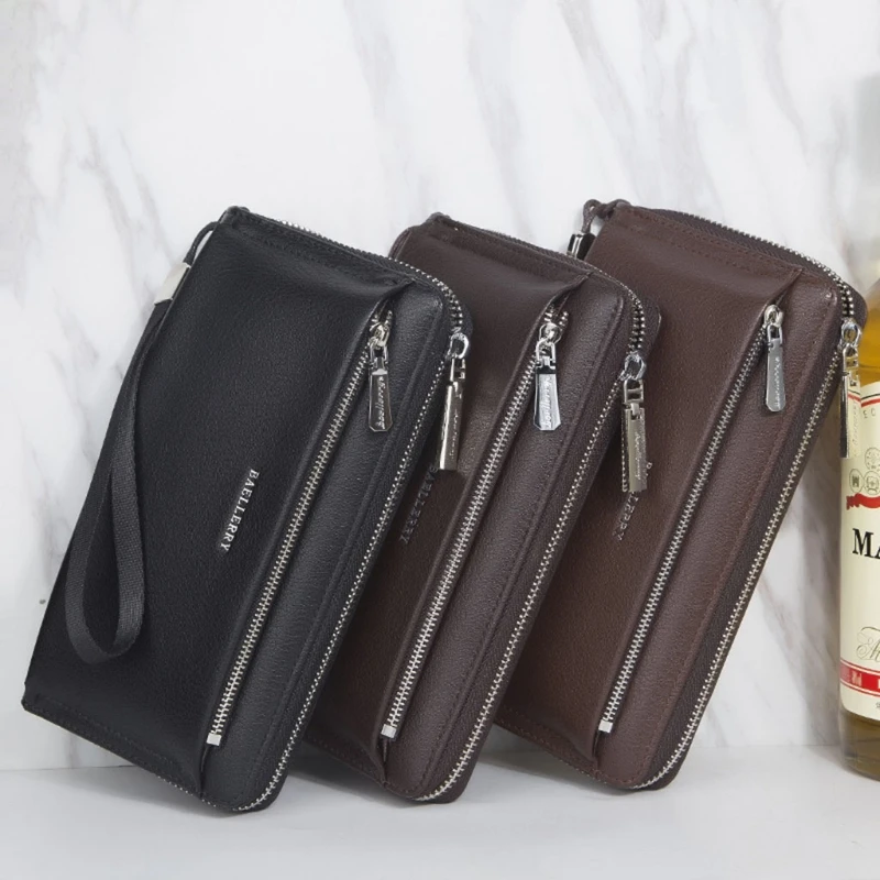 

Mens Artificial Leather Clutch Bag Business Long Wallet Purse Double Zipper Large Capacity Credit Card Mobile Phone Holder