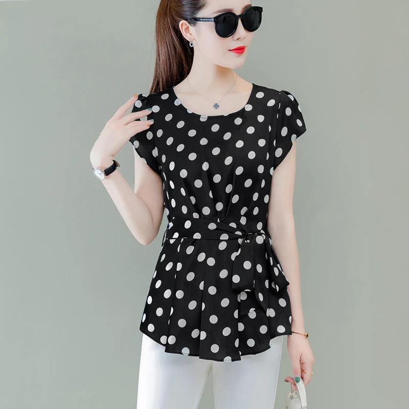 Женская шифоновая блузка в горошек с коротким рукавом | одежда