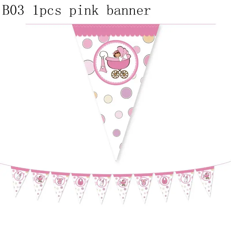 B03 1pcs pink banner Одноразовая посуда для мальчиков или девочек, кружки, тарелки, салфетки, скатерть, гирлянда для вечеринки в честь рождения - Цвет: B03 1pcs pink banner