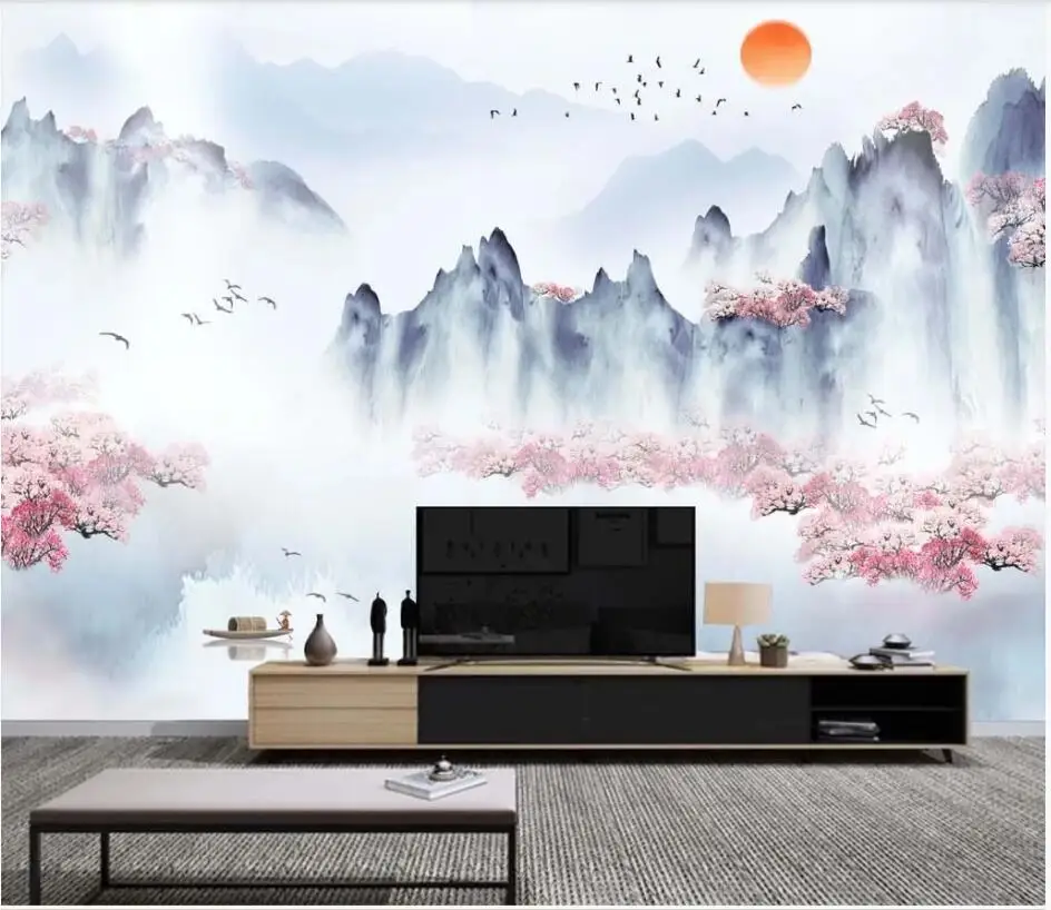 

3d обои ручной росписи, фоны с китайскими чернилами, цветами персика, ландшафтом, домашний декор, настенные комнатные фрески, пейзаж