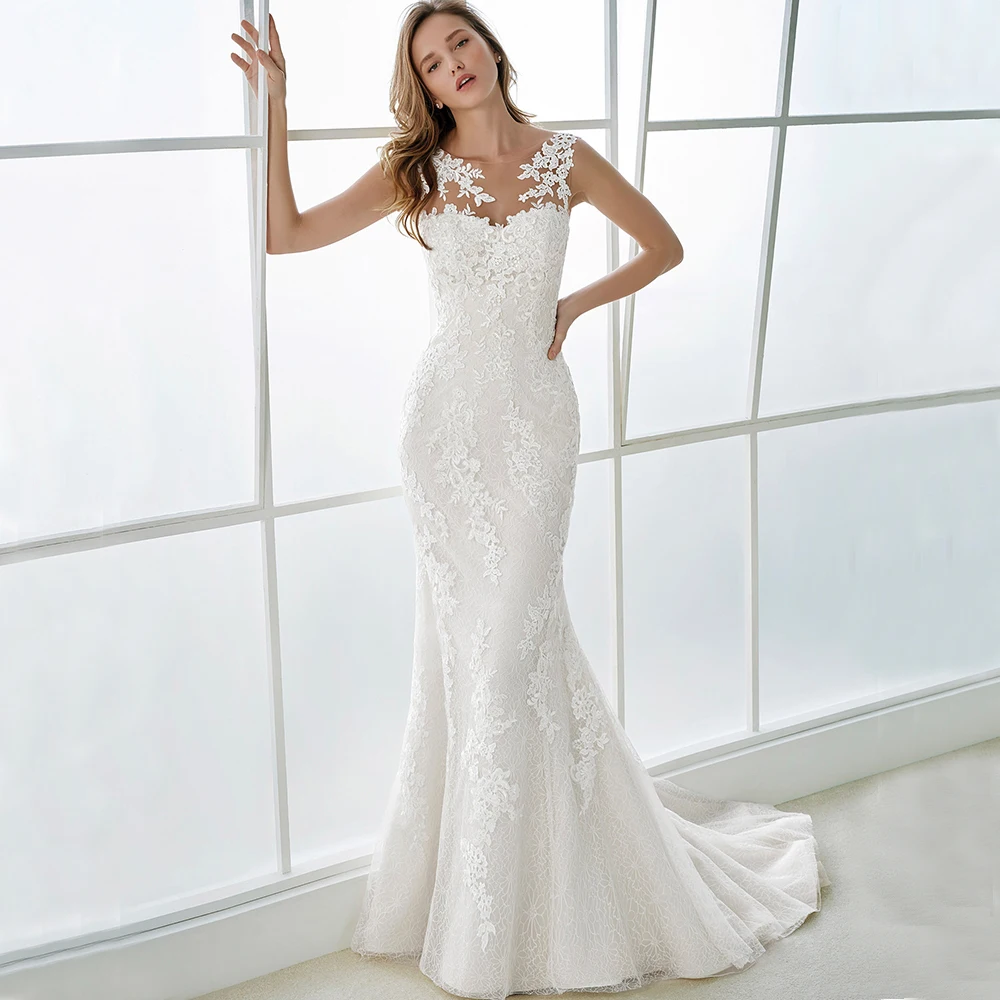 

Elegant White Wedding Dresses Mermaid Boat Neck for Bride Fancy 2021 Lace Appliques Court Train Backless Bridal Gown Custom Made