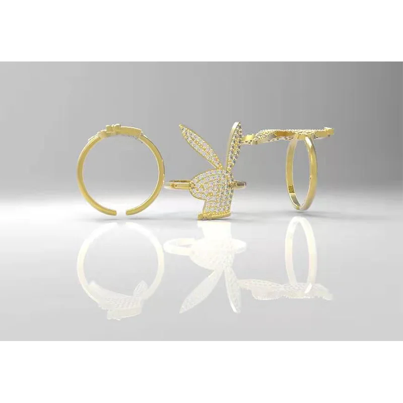 

2020 new Hit Stainless Steel Hippop -Playboy Ring Rabbit Bunny Zircon K-gold Open Ring Adjustable Party Jewelry Femme