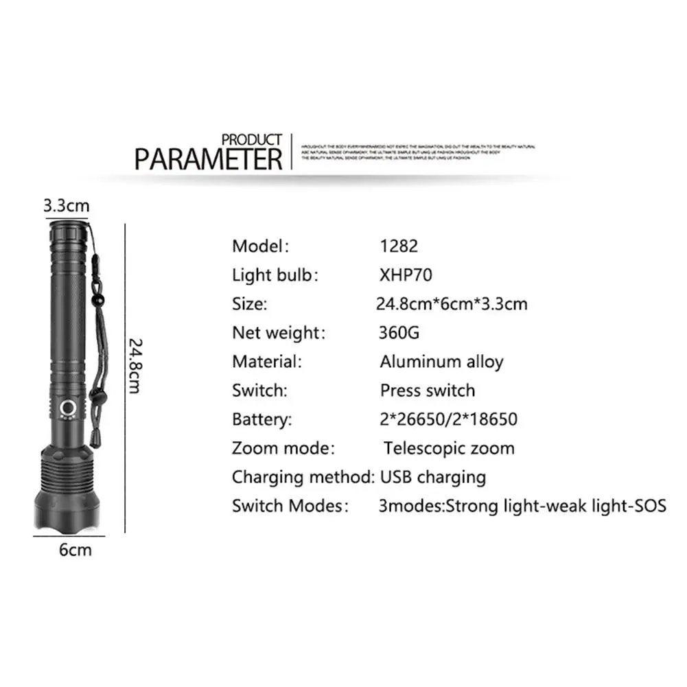 

2000LM XHP70 LED Flashlight Rechargeable Telescopic Zoom Waterproof Camping Flashlight Dimmable Spotlight Work Light