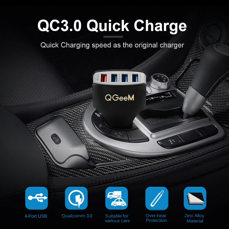 QGEEM 4USB QC 3,0 Автомобильное зарядное устройство Быстрая зарядка 3,0 Зарядка для телефона Автомобильное быстрое зарядное устройство 4 порта USB Автомобильное портативное зарядное устройство для iPhone Xiaom