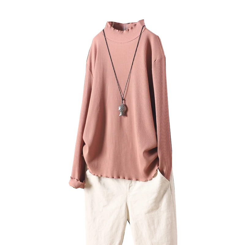 

Women's wear of solid color half high Ruffle collar showing thin long sleeve Pullover bottoming shirt