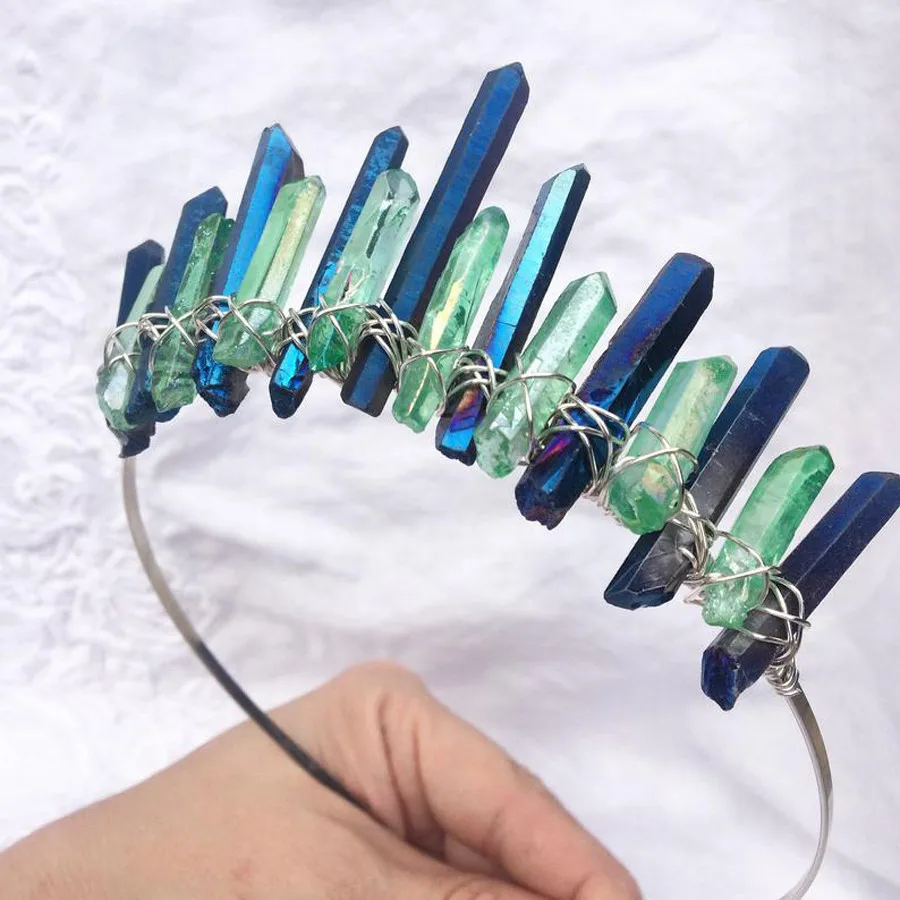 Тиара ручной работы Хрустальная кварцевая корона искусственная синяя