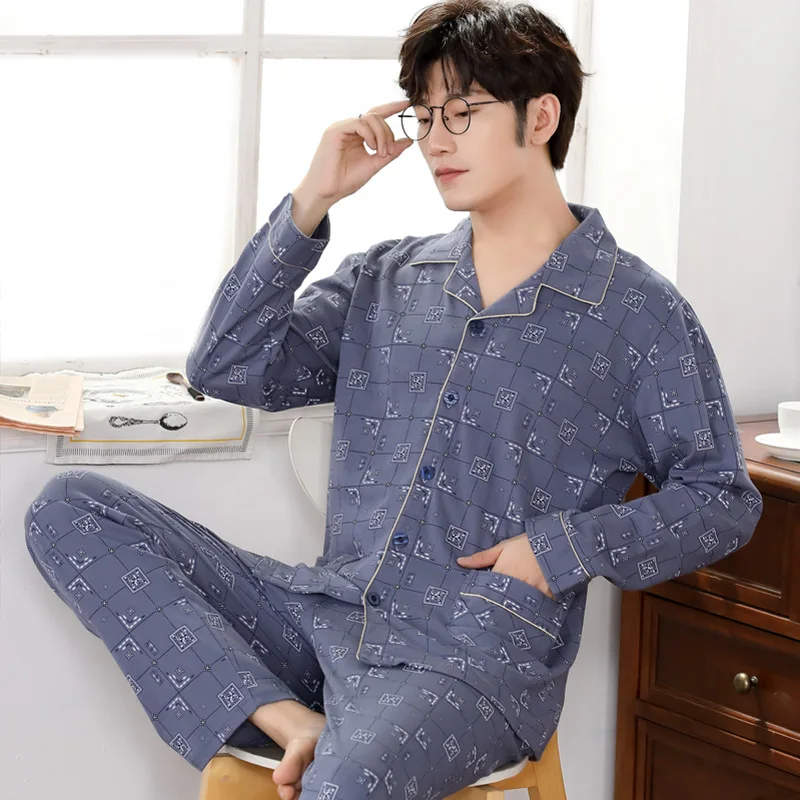 

100% Cotton Pijama for Men 2 Pieces Lounge Sleepwear Pyjamas Plaid Autumn Bedgown Home Clothes Man PJs Pure Cotton Pajamas Set