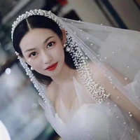 topqueen v66 beaded wedding veil pearls bridal veils without comb wedding accessories 2021 bride veil wedding with glitter
