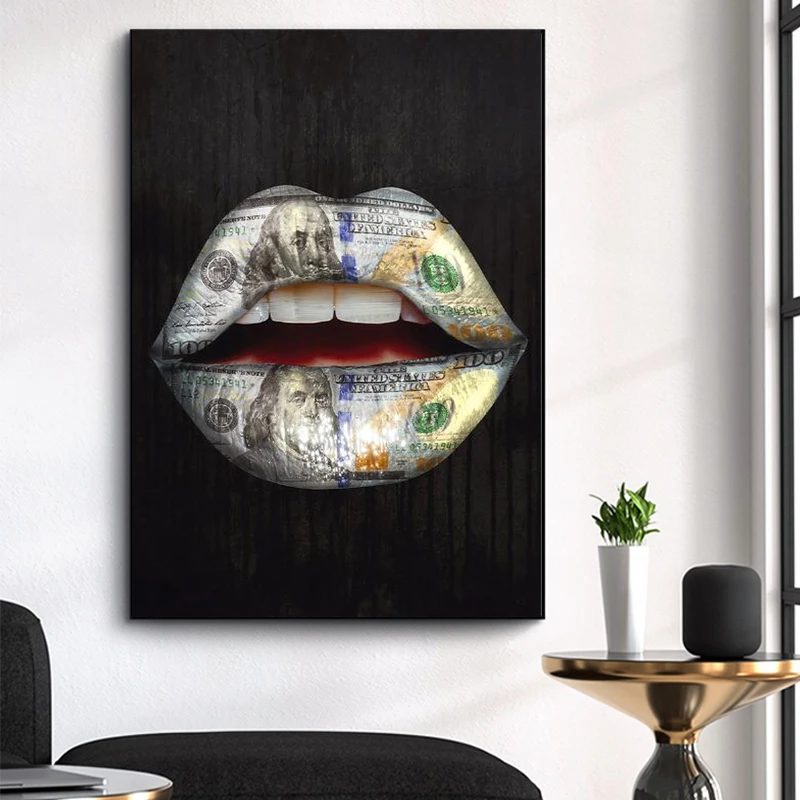 

Graffiti Art Money on Mouth Inspirational Lips Canvas Paintings Street Canvas Art Posters and Prints Wall Art Picture Home Decor