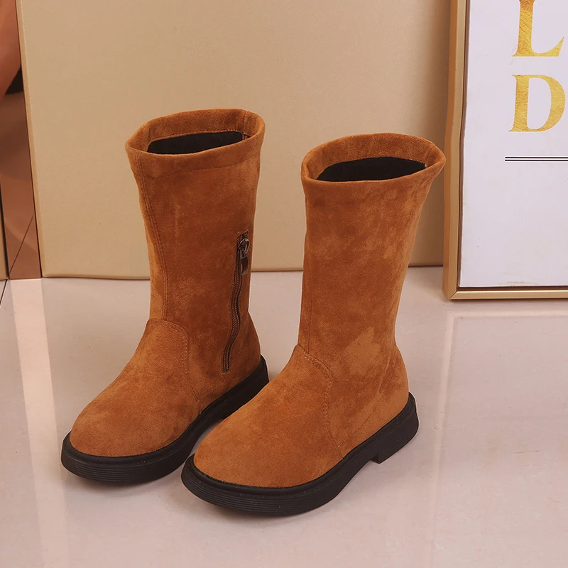 SC097Brown Детские зимние сапоги на плоской подошве для девочек; Теплые Зимние ботиночки для детей; обувь принцессы; плотные однотонные черные, коричневые; SC097 - Цвет: SC097Brown