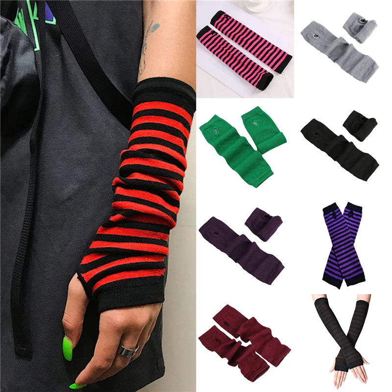 

1 Pair Fashion Ladies Striped Elbow Gloves Warmer Knitted Long Fingerless Gloves Women Elbow Mittens Sun Screen Arm Sleeves