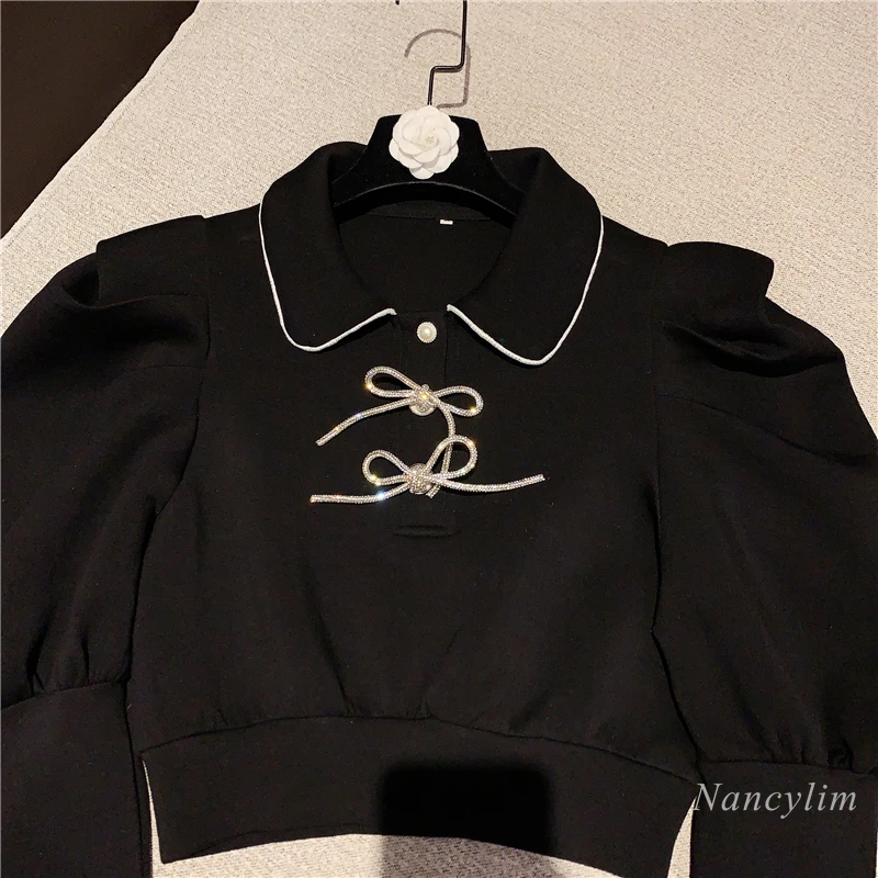 

Space Cotton Shirt Women 2021 Spring New Diamond Edge Sweet Doll Collar Bow Puff Sleeve Short Blouse Lady Crop Top White Black