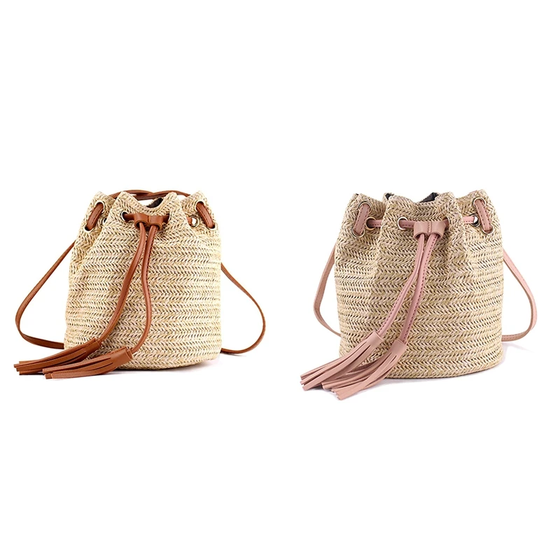 

2 Pcs Shoulder Bag Ladies Fabric Summer Beach Bags with Tassels Weaving Crossbody Bag Women,Brown & Pink
