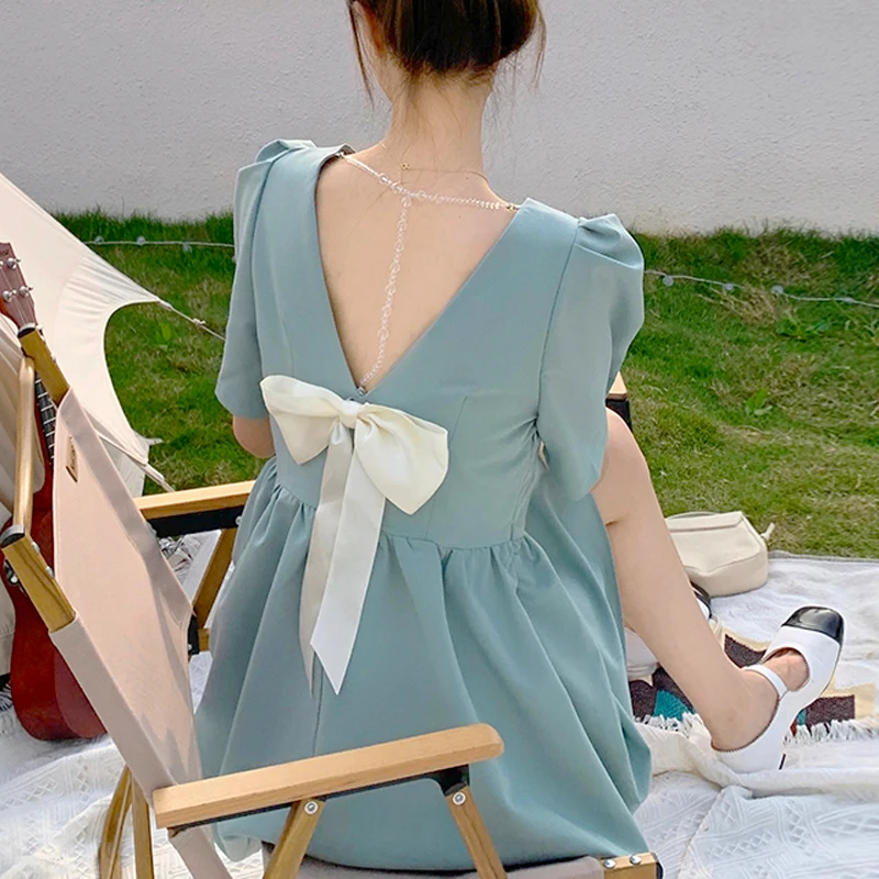 

Женское мини-платье с коротким рукавом, повседневное винтажное элегантное вечернее праздничное платье с бантом в Корейском стиле, лето 2021