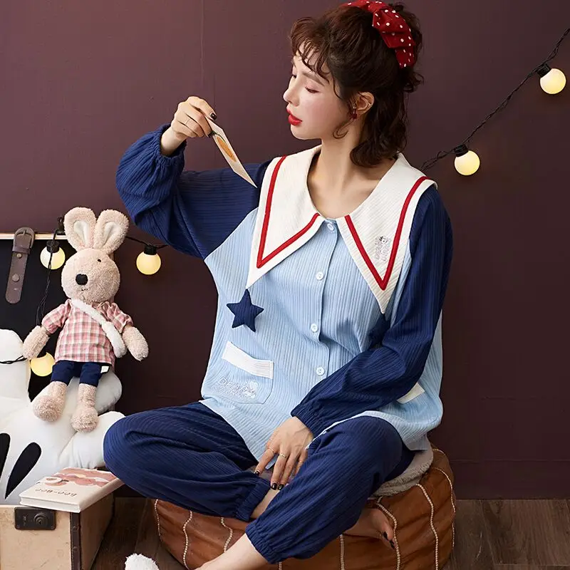 

2021 New Fashion Sleepwear Women's Cotton Cute Pajamas Girls Long Sleeve Tops+Pants With Pockets Cartoon Casual Lounge Wear