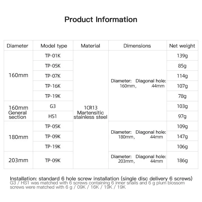 

Stainless Steel Rotor Six-nail Disc Brake G3/HS1 With Screws 203mm/180mm/160mm Bicycle Parts For MTB Mountain Road Cruiser Bike