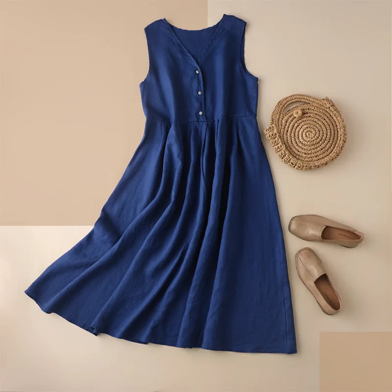 

Shuchan 100% Linen Tank Dress V-Neck Mid-Calf Button Prairie Chic A-Line Sleeveless Silm Clothing Women Blue Dresses