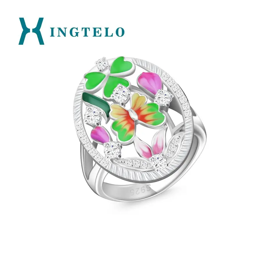 

XINGTELO 925 Sterling Silver Ring Engagement Ring for Women Colorful Enamel Jewelry Hollow Flower Butterfly Romantic Jewelry