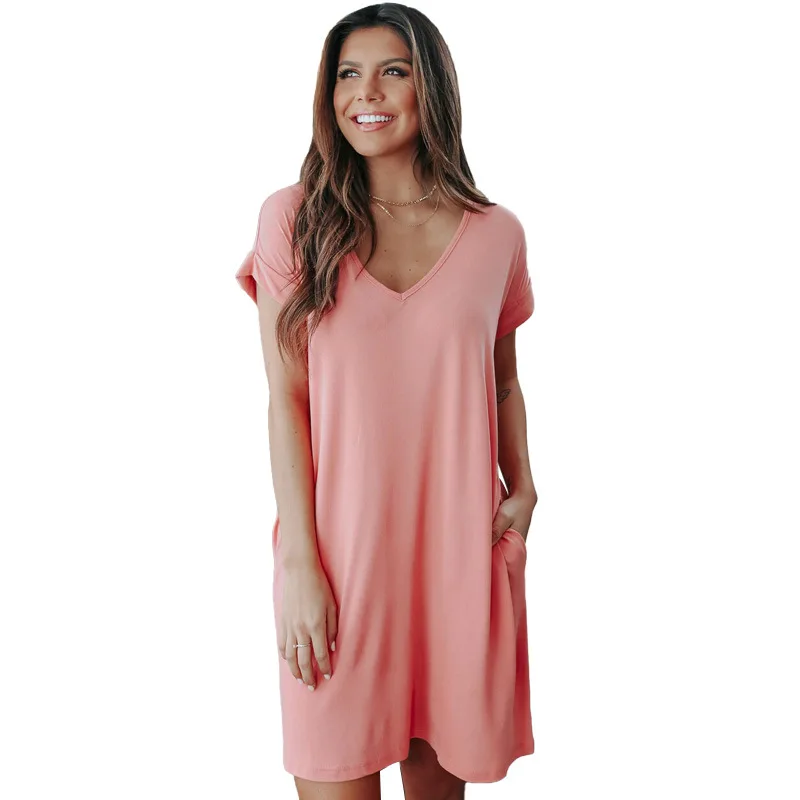 

2021 New Summer Solid Color Cotton V Neck With Pocket Knee Length Comfortable Viscose Casual Loose Tee Dresses Homewear