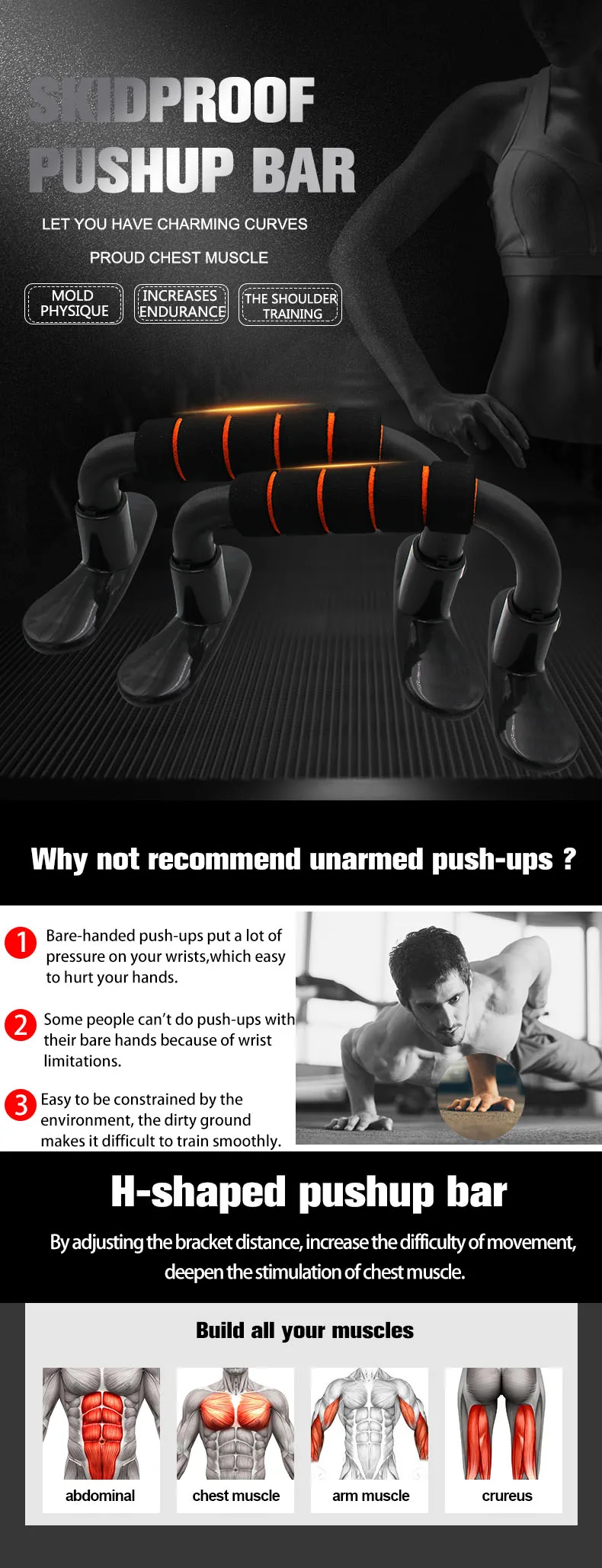 1 set H-shape push-up rack pushups fitness tool antiskid push-up bar body building Arm Exercise