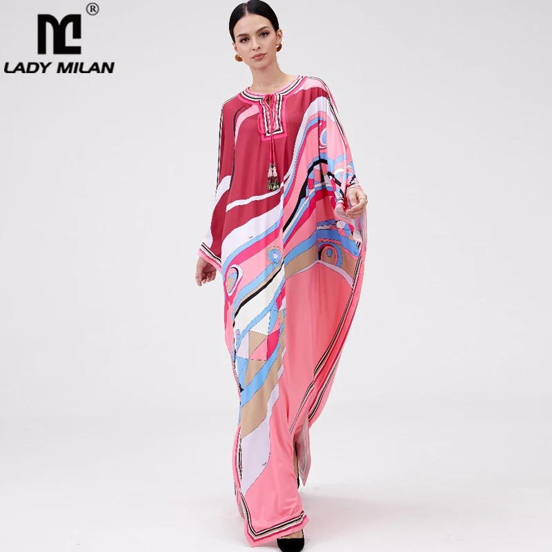 

Женское модельное платье с круглым вырезом, свободное дизайнерское платье макси с рукавами «летучая мышь» и разрезом, длинное платье с завя...