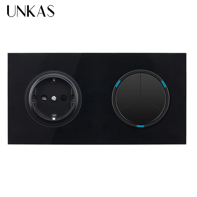 UNKAS Black Crystal Glass Panel 16A EU Standard Wall Power Socket 1 Gang Way Pass Through On / Off Light Switch | Обустройство дома
