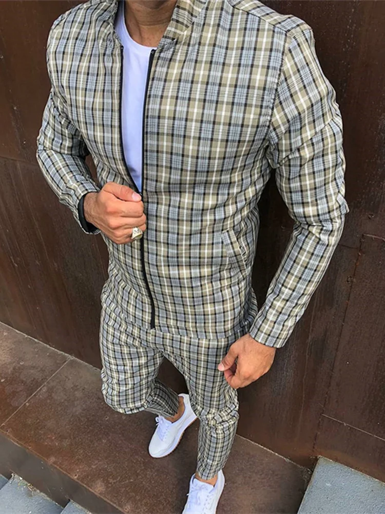 

Muscle brothers autumn and winter new men's trend leisure sports suit collar zipper cardigan jacket + fashion pants lattice suit