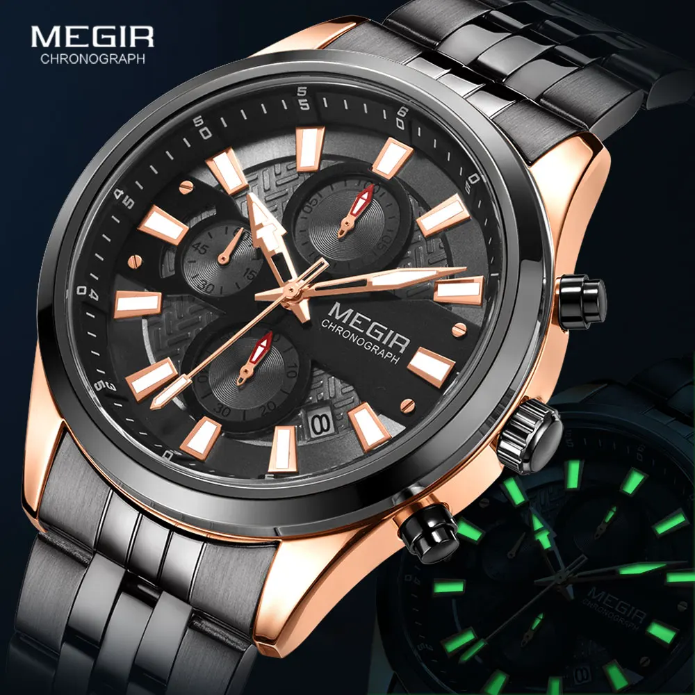 

MEGIR Men's Chronograph Quartz Watches 2020 New Luxury Military Sports Stainless Steel Wrist Watch Luminous Hands 30m Waterproof