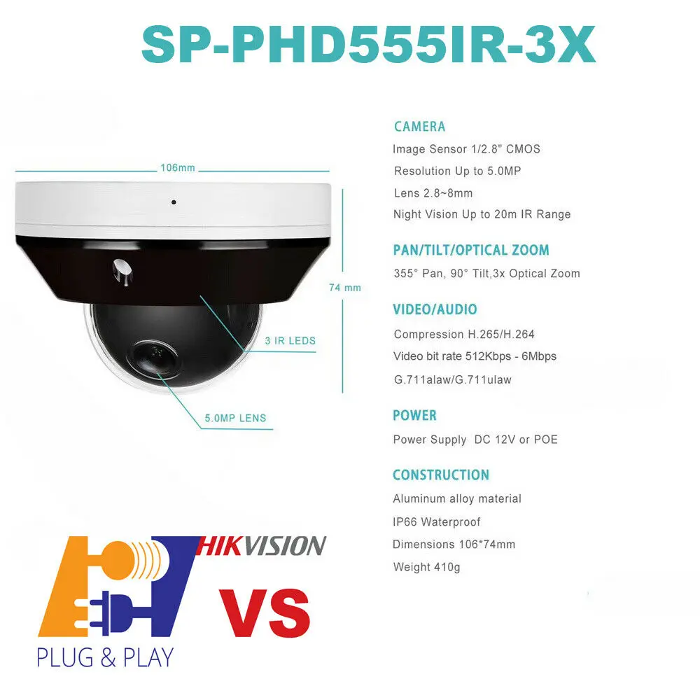 Купольная камера Hikvision совместимая с 5 МП PoE PTZ 3 кратный оптический зум встроенный