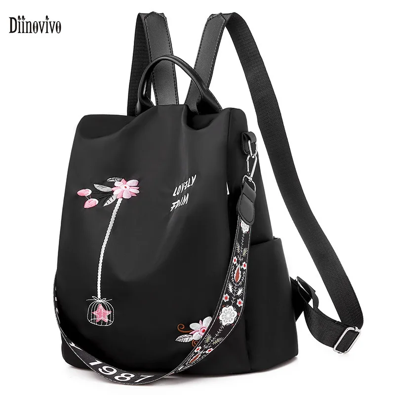 

Diinovivo National Embroidery Floral Women Backpack Anti-theft Female Backpack Oxford Backpack Lady Shoulder Bag Travel WHDV1885