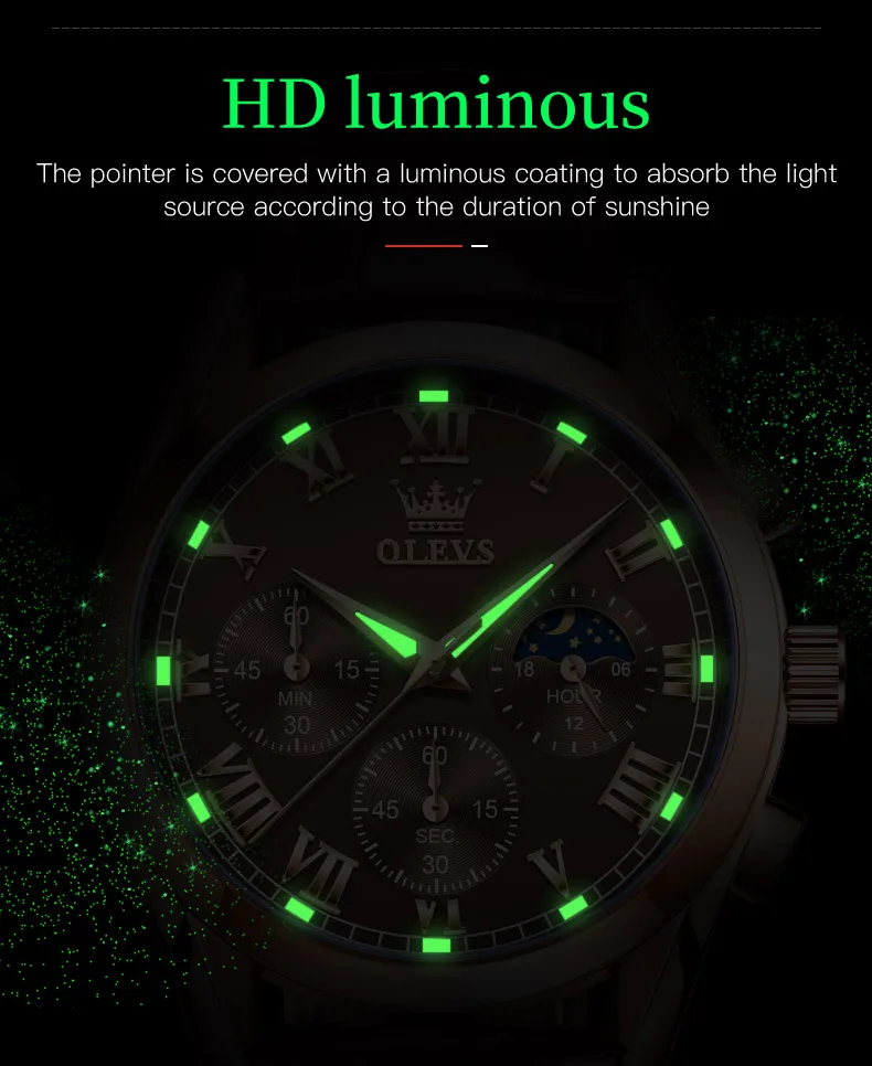 

OLEVS 2871 Men Watches Quartz Multi-Function Sports Chronograph Watches Moon Phase Waterproof Leather Strap Men's Wristwatches