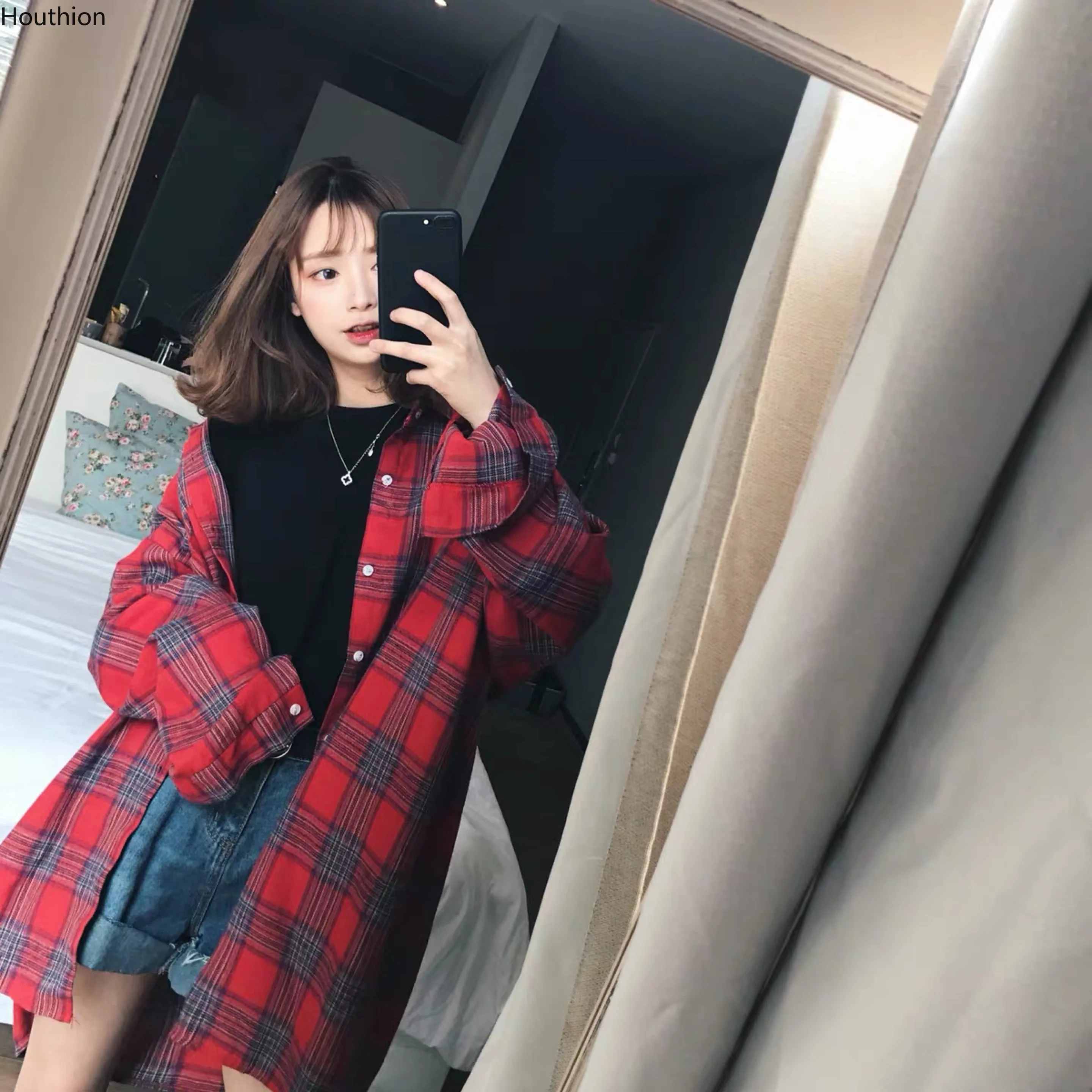 

Houthion Women's Blouses New Casual Blouse Fashion Long Sleeve Top Plaid Printing Mid-length Shirt Loose Plus Size Tops