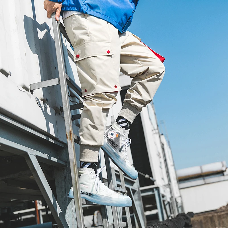 Casual Men Cargo Pants Cotton Polyester Drawstring Pockets Hip Hop Creamy-White Black Men Full Length Fashion Joggers Trouser
