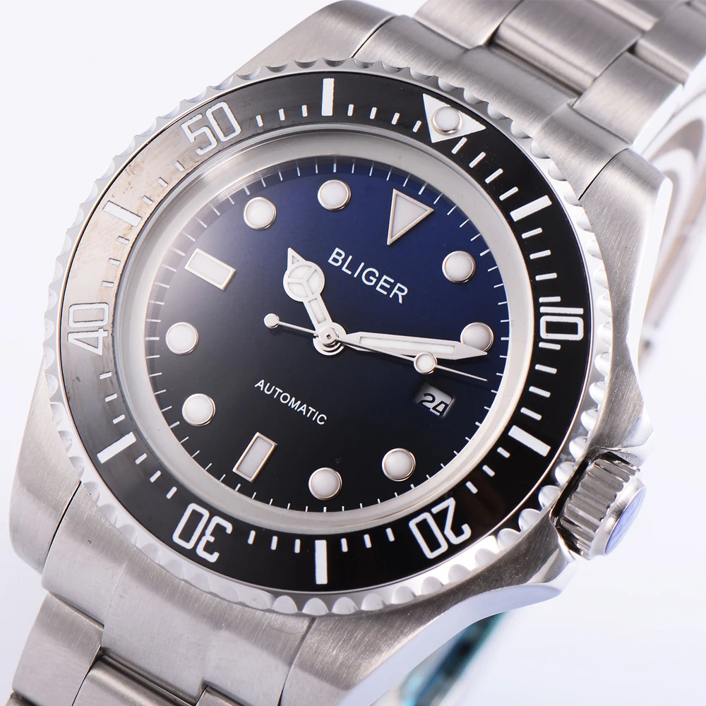 Мужские механические часы bliger44 мм с градиентным циферблатом черного и синего