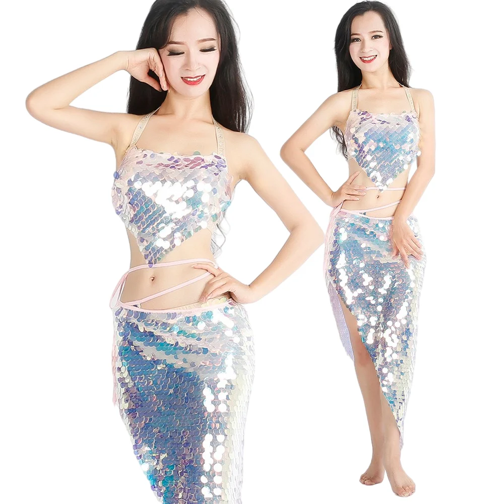 Блестящая Русалка набор костюма для танца живота женский бюстгальтер юбки
