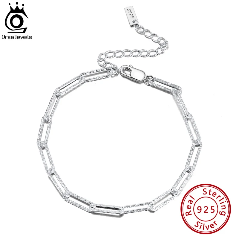 

ORSA JEWELS Solid 925 Sterling Silver Bracelet Italian Handmade 3.5mm Paperclip Link Hammered Chain Bracelet for Men Women SB120